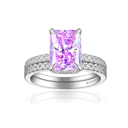 4ct Square Gemstone 925 Silver Stackable Ring Set - Luxe Flame & Ice-Cut European Style Band Collection