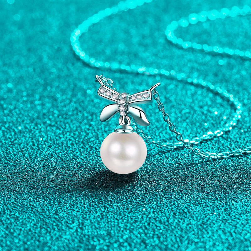 5-Point Moissanite Pearl Necklace – 925 Silver Bow Pendant Dainty U-Shaped Layered Choker for Women