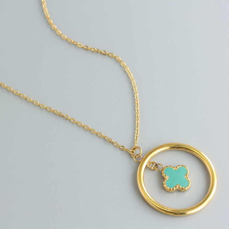 Gold Stainless Steel O-Chain Necklace with Green Four-Leaf Clover Pendant