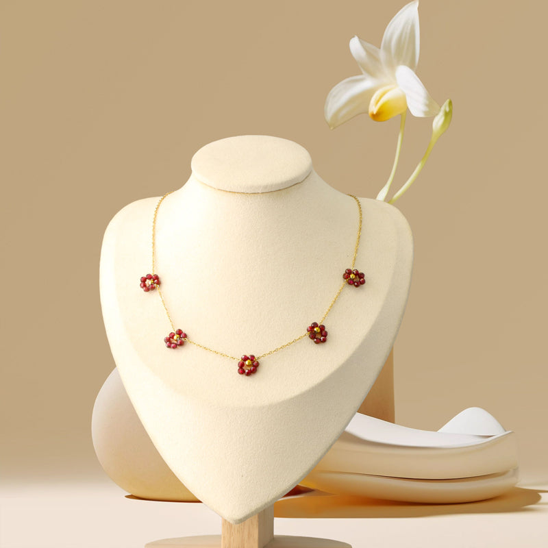 Elegant O-Chain Necklace with Red Floral Pendant
