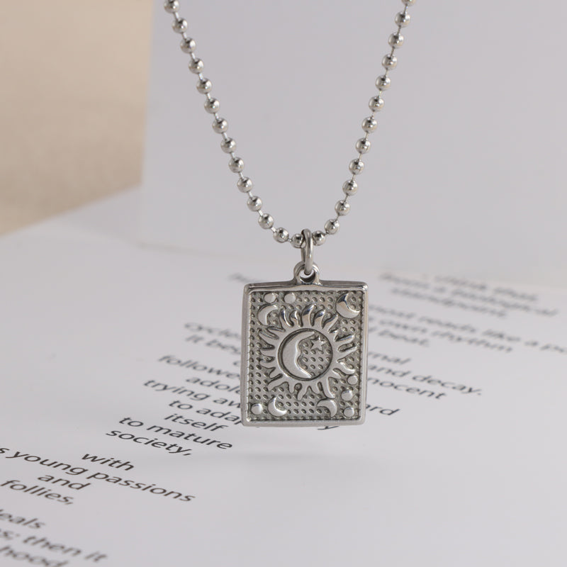 Buddha bead chain with square pendant of sun and moon
