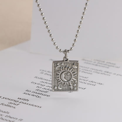 Buddha bead chain with square pendant of sun and moon