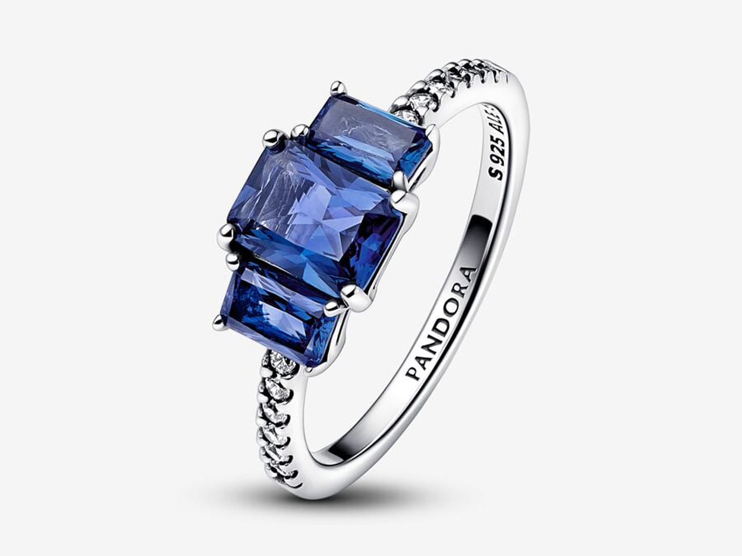 Blue Rectangular Three Stone Sparkling Ring