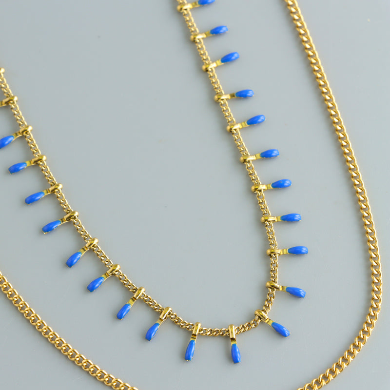 Blue Stainless Steel Chopin Necklace with Droplet Beads