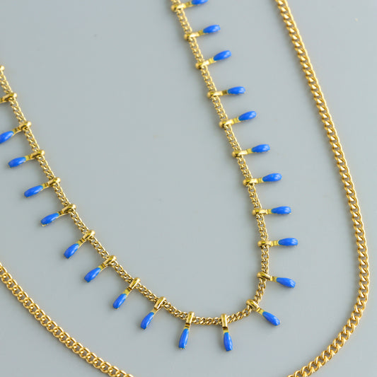 Blue Stainless Steel Chopin Necklace with Droplet Beads
