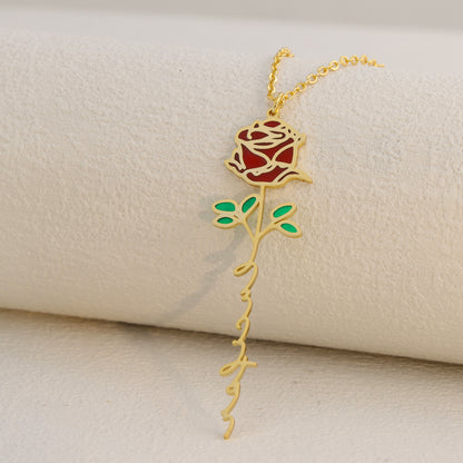 Stainless Steel O-Chain Necklace with Enamel Rose Pendant