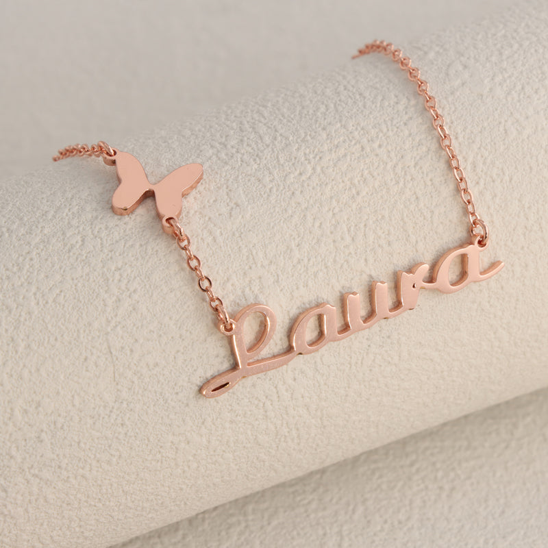 Personalized Rose Gold O-Chain Necklace with Butterfly and Letter Pendant