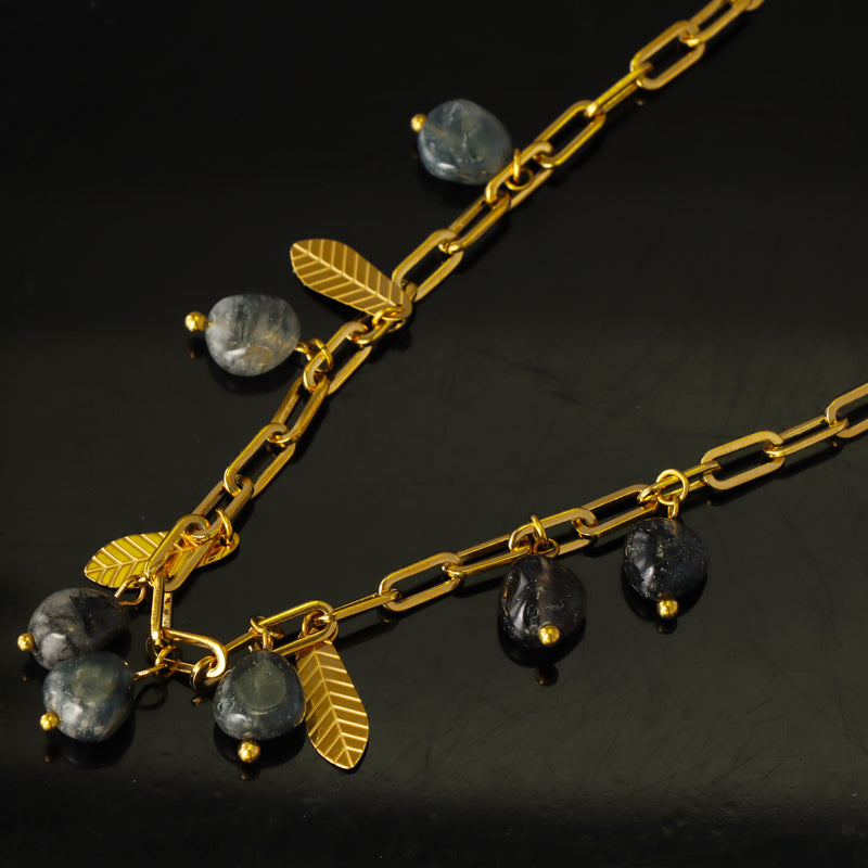 Leaf Tassel Design Cross Chain Necklace with Natural Stone Beads