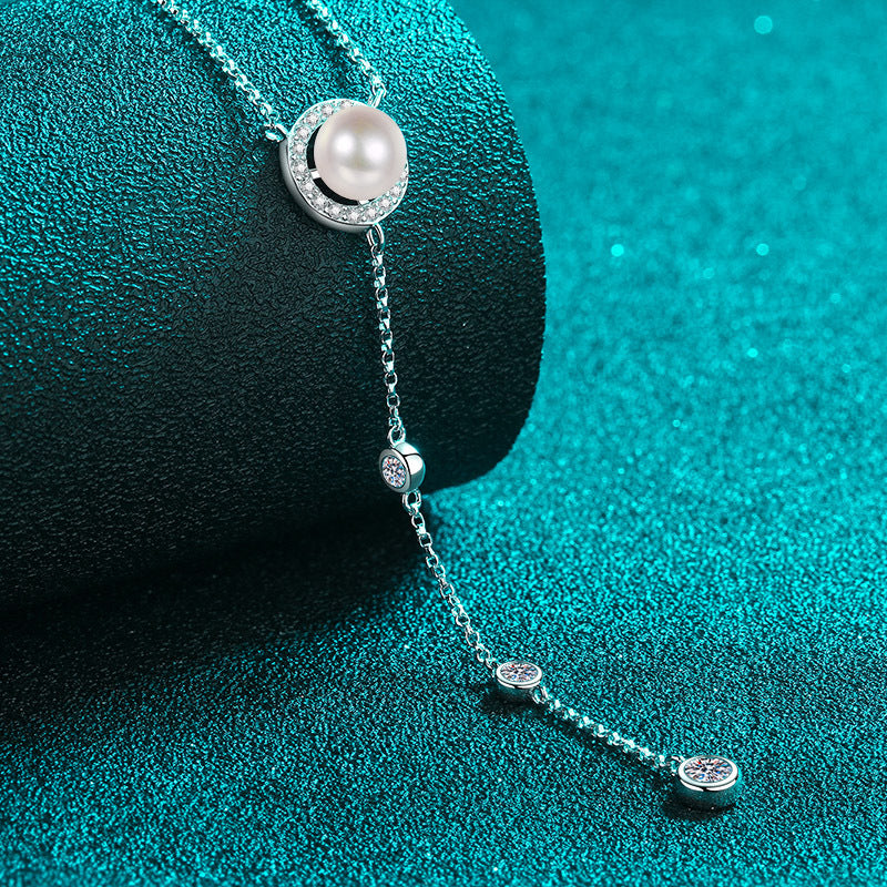 67-Point Moissanite & 8mm Pearl Necklace – 925 Silver Pendant Elegant 24" Statement Collar for Women