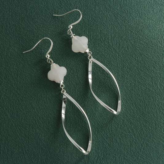 Silver Four-leaf Clover and Geometric Stone Earrings