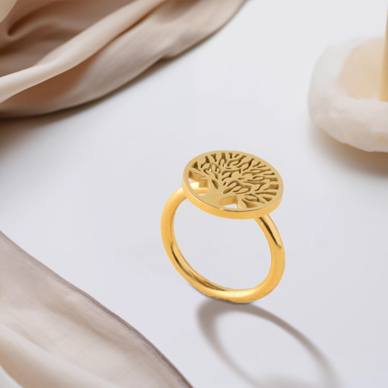Stylish Gold Stainless Steel Ring with Tree Motif