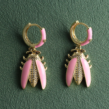 Pink Beetle Copper Earrings