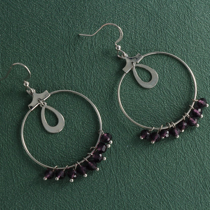 Silver Geometric Earrings with Purple Beads