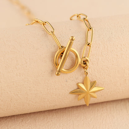 Gold Stainless Steel Cross Chain Necklace with Octagram Pendant