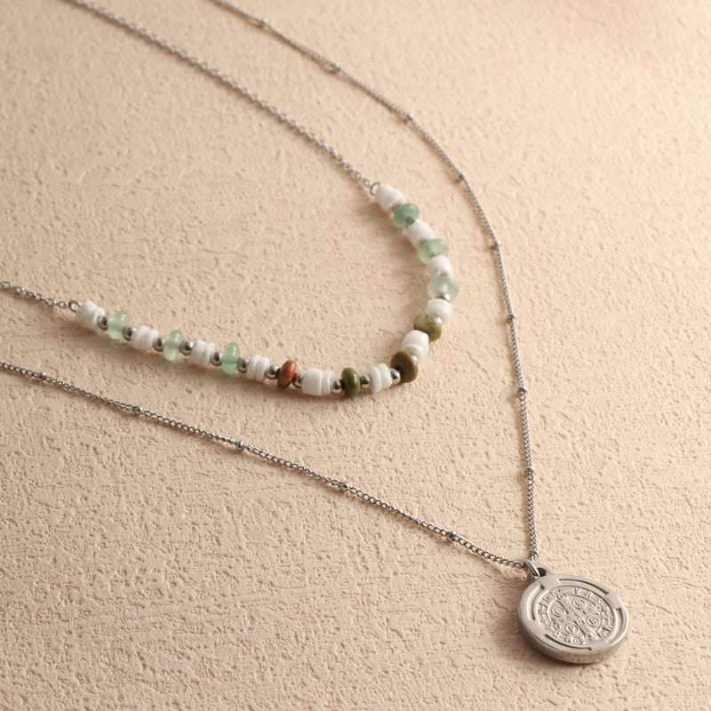 Bohemian Stainless Steel and Natural Stone Shamballa Necklace