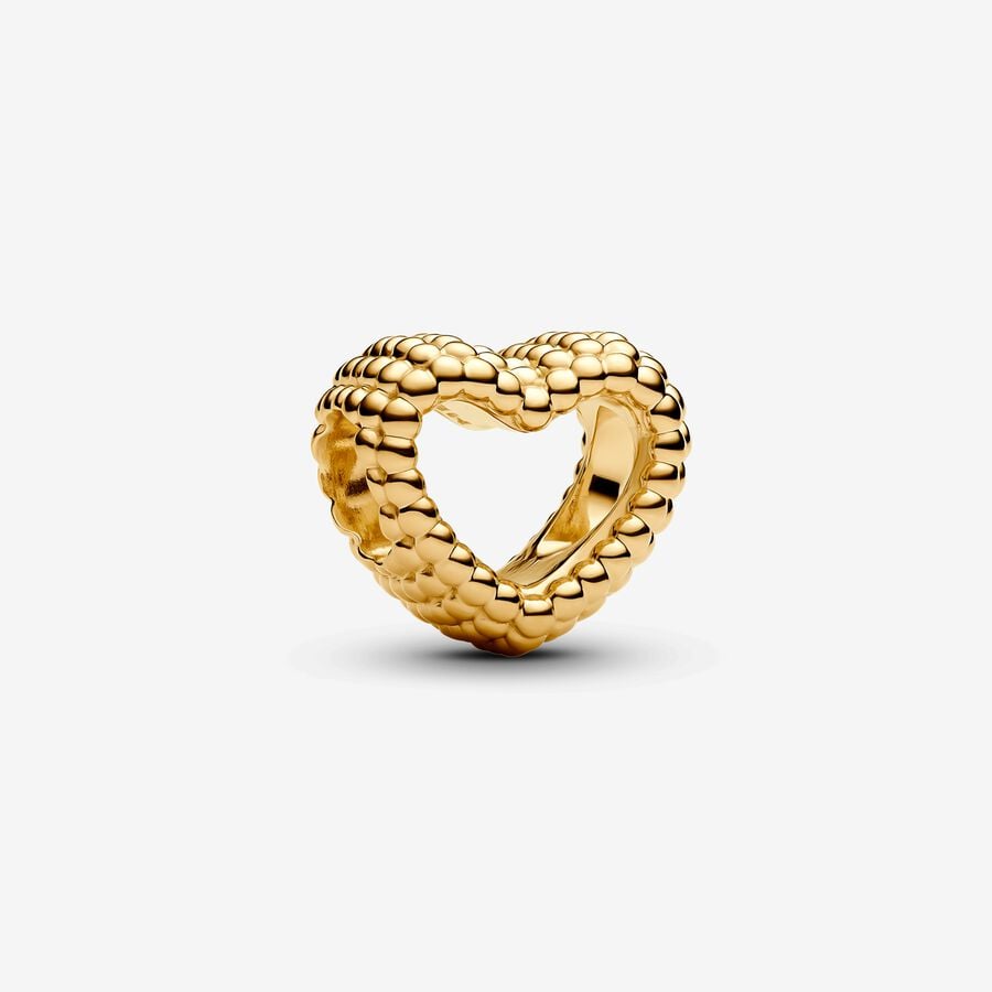 14K Gold Beaded Open Heart Charm