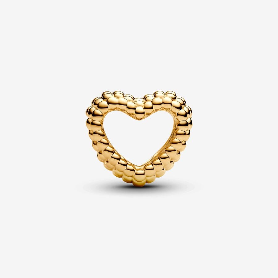 14K Gold Beaded Open Heart Charm