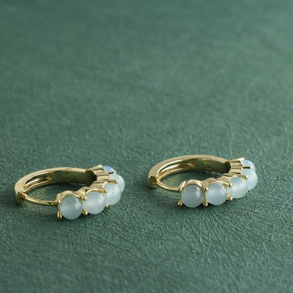 Gold Hoop Earrings with Natural Jade Inlay