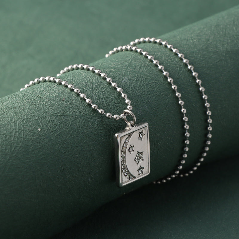 Stainless Steel Buddha Bead Necklace with Geometric Moon and Star Pendant