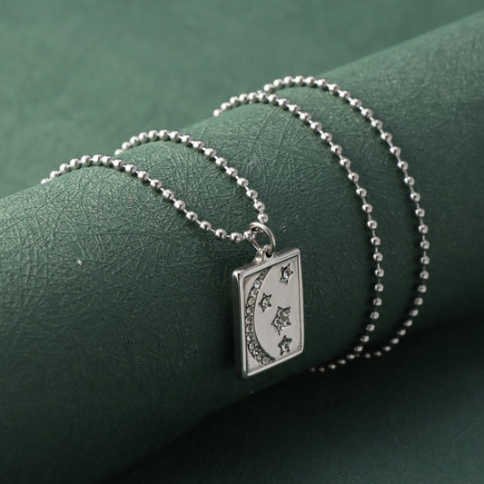 Stainless Steel Buddha Bead Necklace with Geometric Moon and Star Pendant