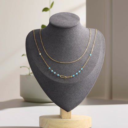 Gold stainless steel natural stone O-shaped double-layer necklace