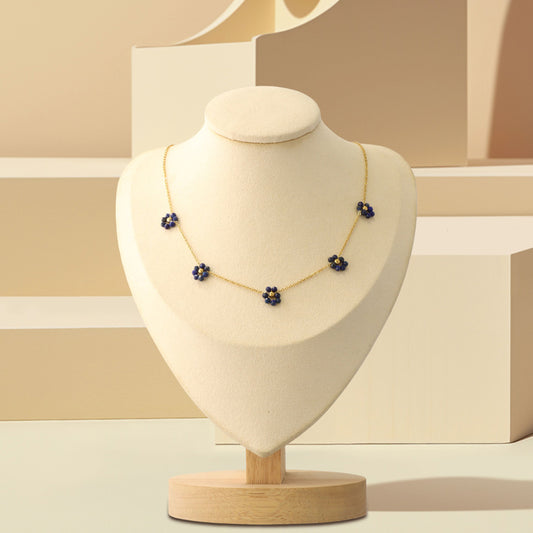 Floral Patterned O-Chain Necklace in Blue Pendant