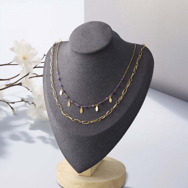 Multi-layered Stainless Steel and Natural Stone Necklace
