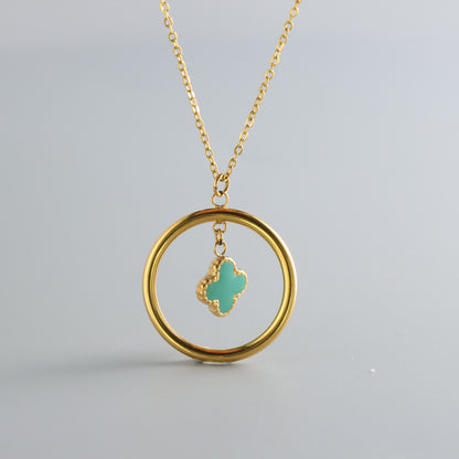 Gold Stainless Steel O-Chain Necklace with Green Four-Leaf Clover Pendant
