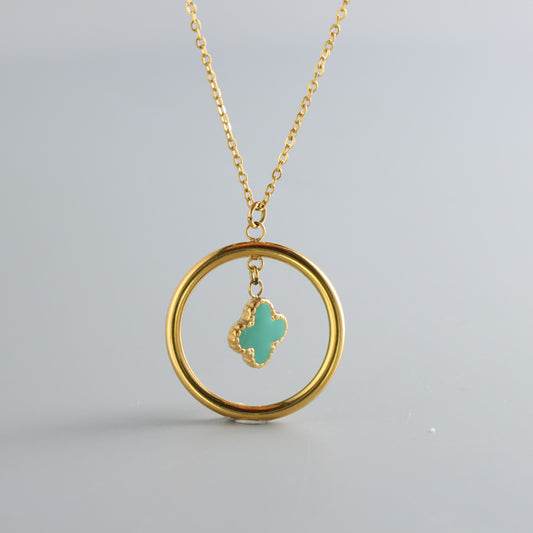 Gold Stainless Steel O-Chain Necklace with Green Four-Leaf Clover Pendant