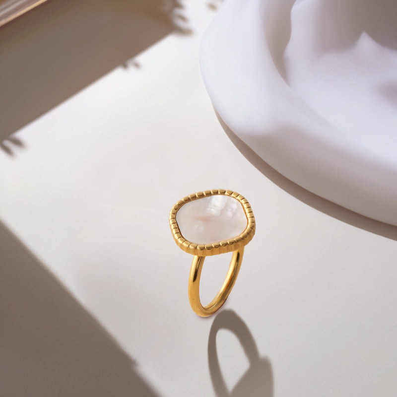 Minimalist Stainless Steel Ring with White Mother of Pearl Inlay