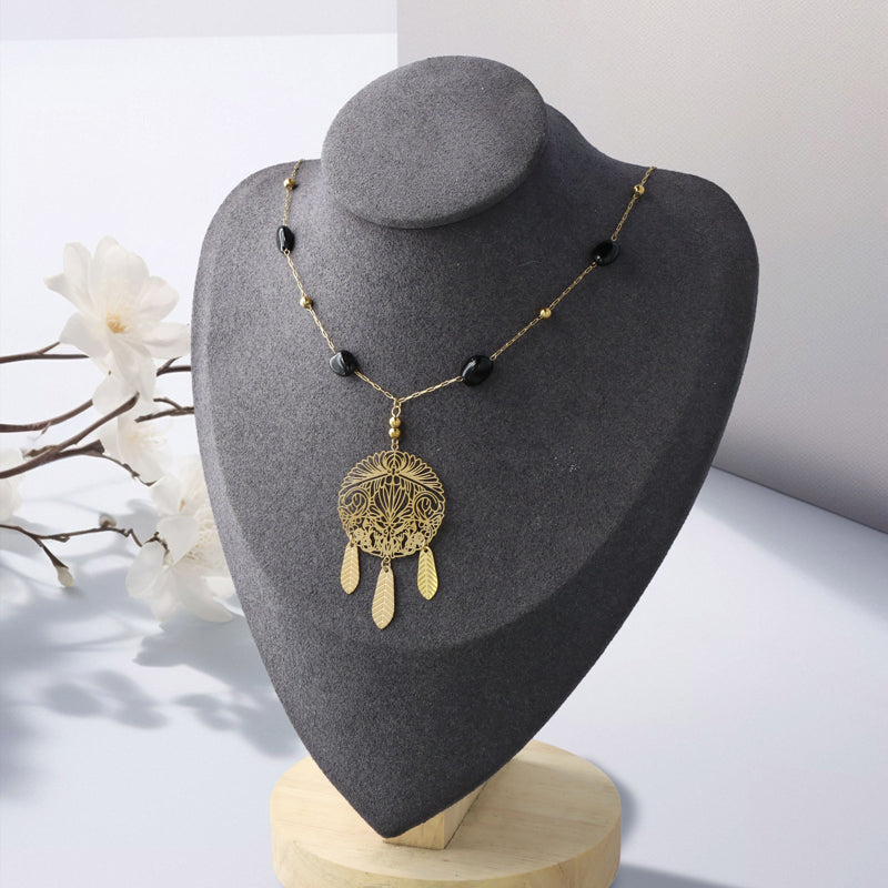 Black natural stone beads and metal tassel cross necklace