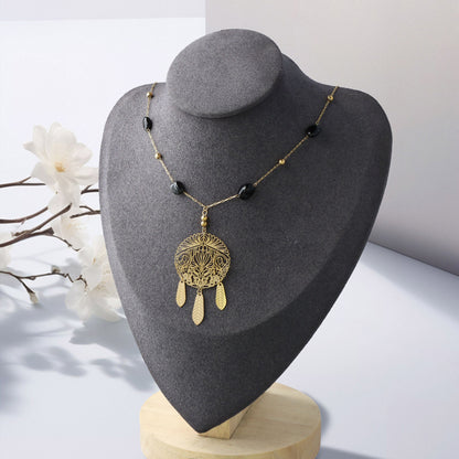 Black natural stone beads and metal tassel cross necklace