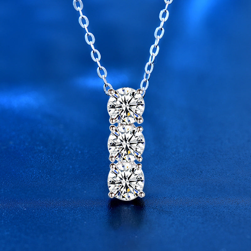 90-Point 4mm Round Cut Moissanite Three-Stone Necklace-S925 Sterling Silver Cross Chain, White Gold/Rhodium Plated (16-20in), Hypoallergenic, Geometric Dangle Pendant for Women