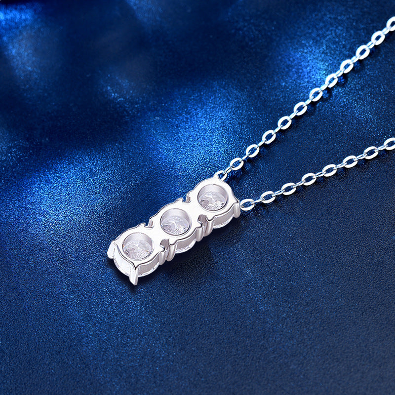 90-Point 4mm Round Cut Moissanite Three-Stone Necklace-S925 Sterling Silver Cross Chain, White Gold/Rhodium Plated (16-20in), Hypoallergenic, Geometric Dangle Pendant for Women