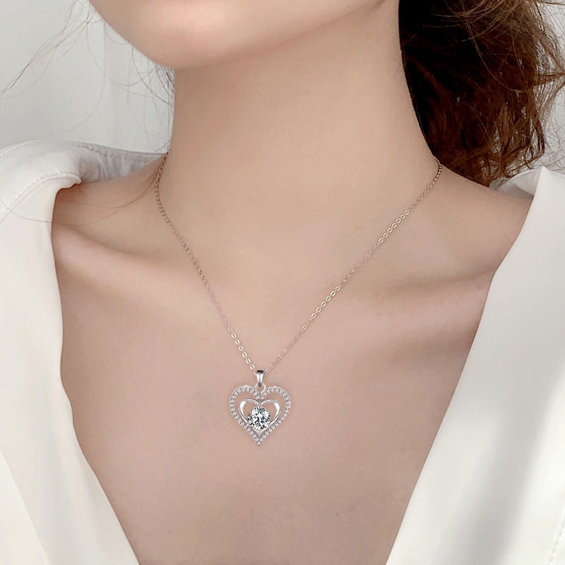 925 Rhodium-Plated Sterling Silver Heart Pendant Necklace with 2ct Multicolor Moissanite Diamonds-Elegant & Hypoallergenic