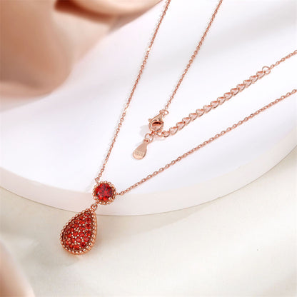 925 Rose Gold Plated Sterling Silver Pendant Necklace - Garnet Red Zirconia Celestial Collarbone Chain