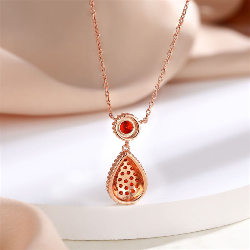 925 Rose Gold Plated Sterling Silver Pendant Necklace - Garnet Red Zirconia Celestial Collarbone Chain