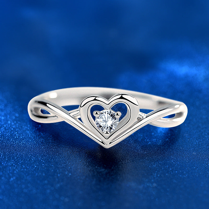 925 Silver Adjustable Heart Ring with White Zircon Elegant Office Jewelry for Women White Gold Plated