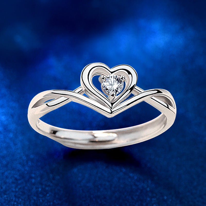 925 Silver Adjustable Heart Ring with White Zircon Elegant Office Jewelry for Women White Gold Plated