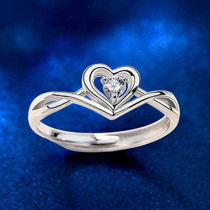 925 Silver Adjustable Heart Ring with White Zircon Elegant Office Jewelry for Women White Gold Plated