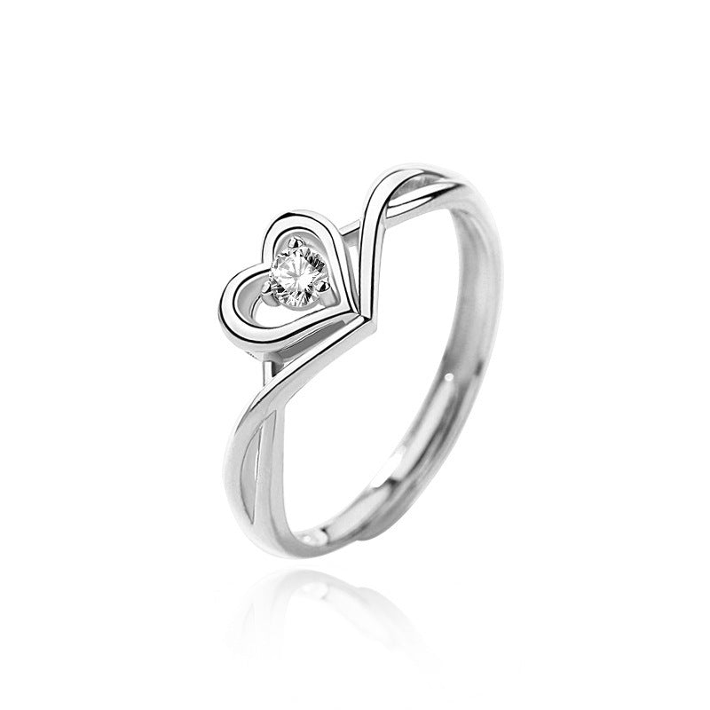 925 Silver Adjustable Heart Ring with White Zircon Elegant Office Jewelry for Women White Gold Plated