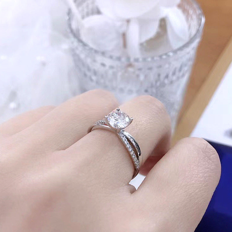 925 Silver Adjustable Minimalist Ring with 1 Carat Moissanite Geometric Line Design White Gold Plated