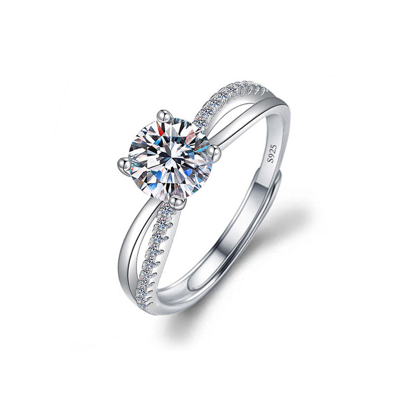 925 Silver Adjustable Minimalist Ring with 1 Carat Moissanite Geometric Line Design White Gold Plated