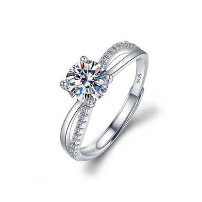 925 Silver Adjustable Minimalist Ring with 1 Carat Moissanite Geometric Line Design White Gold Plated
