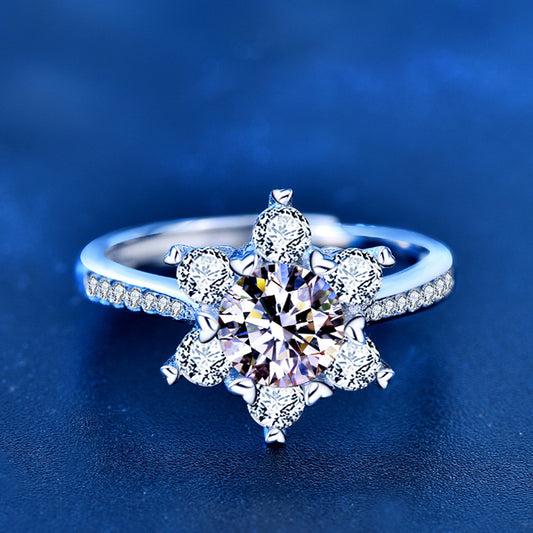 925 Silver Adjustable Snowflake Ring with 1 Carat Moissanite Elegant Premium Jewelry for Women White Gold Plated