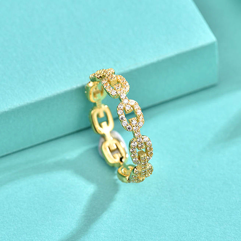925 Silver Chain Link Geometric Ring with Zircon Stones White/Yellow Gold Plated Women's Chic Jewelry Size 6-8