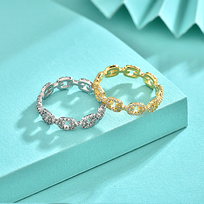 925 Silver Chain Link Geometric Ring with Zircon Stones White/Yellow Gold Plated Women's Chic Jewelry Size 6-8