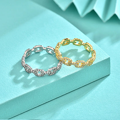 925 Silver Chain Link Geometric Ring with Zircon Stones White/Yellow Gold Plated Women's Chic Jewelry Size 6-8