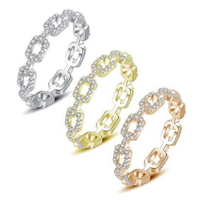 925 Silver Chain Link Geometric Ring with Zircon Stones White/Yellow Gold Plated Women's Chic Jewelry Size 6-8