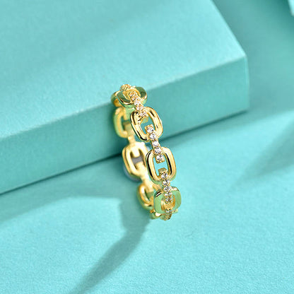 925 Silver Chain Link Geometric Ring with Zircon White/Yellow Gold Plated Women's Jewelry Size 6-8